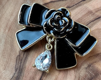 Black Bow Brooch with Crystal Drop, Vintage Style Ribbon Pin, Lapel Pin