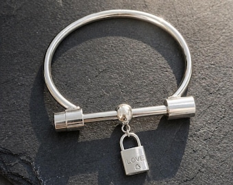 Padlock Cuff Bangle: Wide Stainless Steel Bracelet With Heart Lock