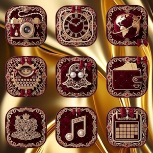 Puede incluir: Una colección de nueve iconos de aplicaciones decorativas con una estética vintage. Cada icono presenta un fondo de terciopelo burdeos con adornos dorados y perlados. Los iconos representan una cámara, un reloj, un globo terráqueo, una máquina de escribir, un fantasma de redes sociales, una cartera, siluetas, una nota musical y un calendario.