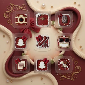 以下が含まれることがあります： 赤と金の配色が施された9つのアプリアイコンのコレクション。アイコンには、カメラ、時計、マイク、Snapchatのロゴ、電話、サングラス、ドキュメント、キャンディーが含まれています。背景には装飾的な渦巻きと真珠があります。