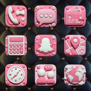 May include: Nine pink and white decorative app-themed squares. Each square features a different icon, including a phone, speech bubble, wallet, calculator, Snapchat ghost, map, compass, people, and a globe.