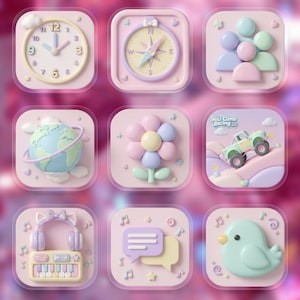 Könnte beinhalten: Neun pastellfarbene App-Symbole mit einer Uhr, einem Kompass, Personen, einem Globus, einer Blume, einem Geländewagen, Kopfhörern, Sprechblasen und einem Vogel. Jedes Symbol ist quadratisch mit abgerundeten Ecken und einem rosa Hintergrund.