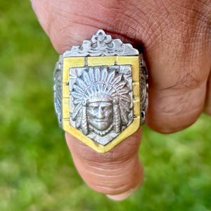 Vintage Mexican Biker Ring. Crowned Aztec Chief Ring, c. 1940s, size 9.75