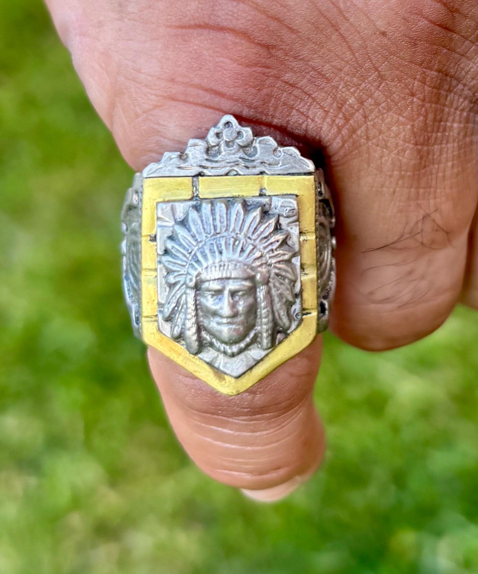 Vintage Mexican Biker Ring. Crowned Aztec Chief Ring, C. 1940s Vintage Mexican Biker Ring. Crowned Aztec Chief Ring, C. 1940s