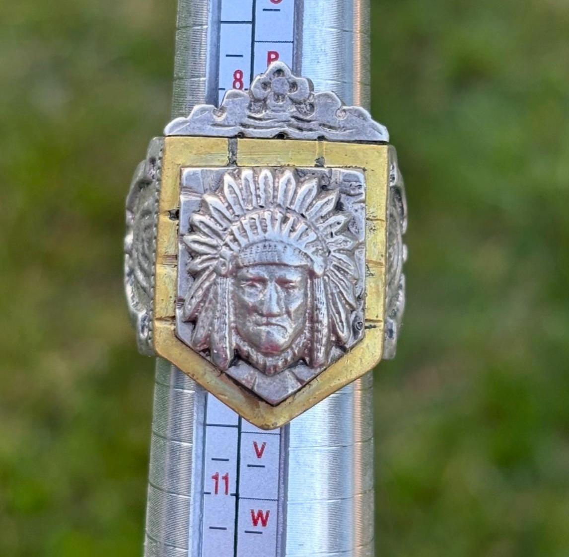 Vintage Mexican Biker Ring. Crowned Aztec Chief Ring, C. 1940s