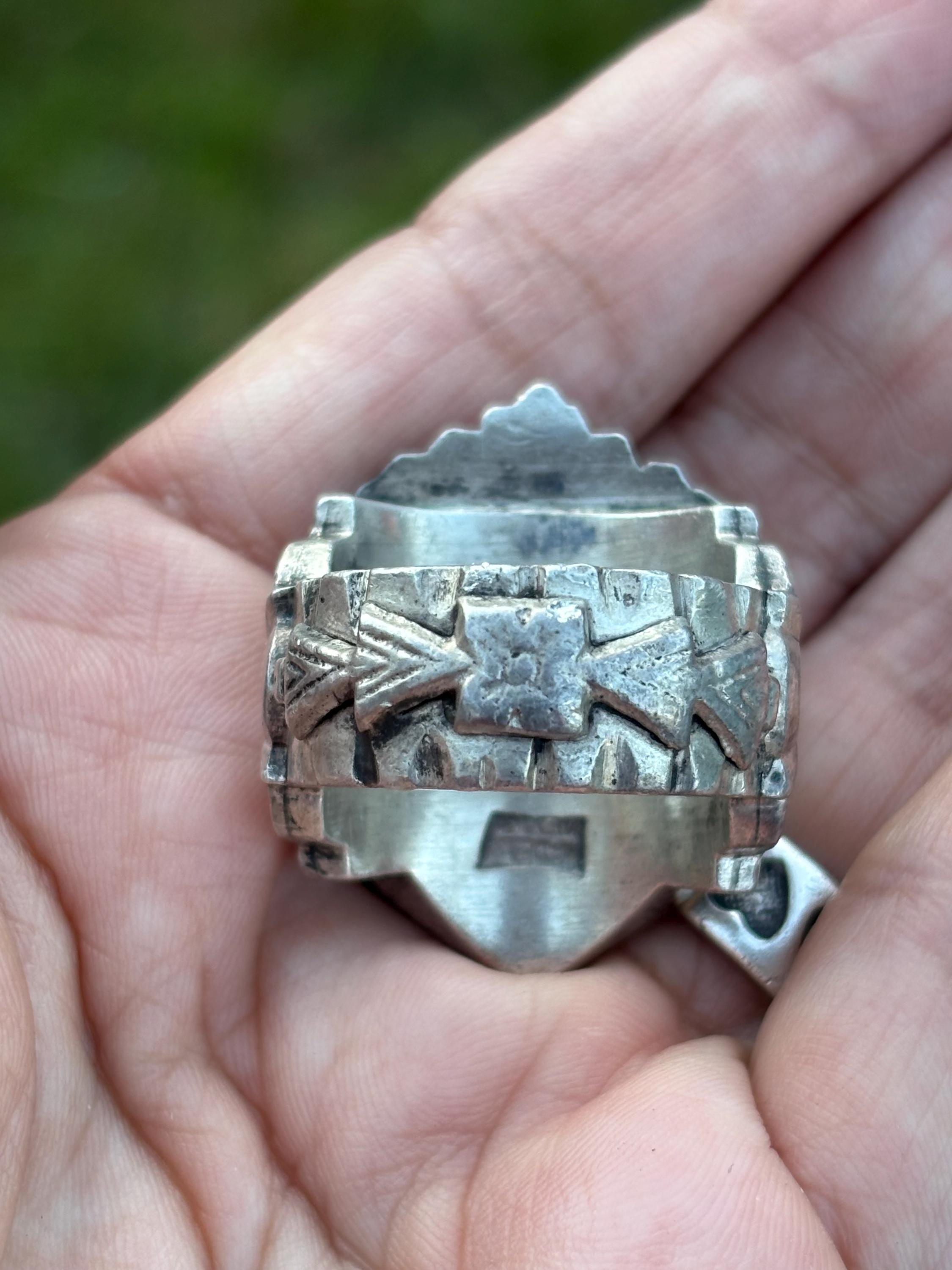 Vintage Mexican Biker Ring. Crowned Aztec Chief Ring, C. 1940s