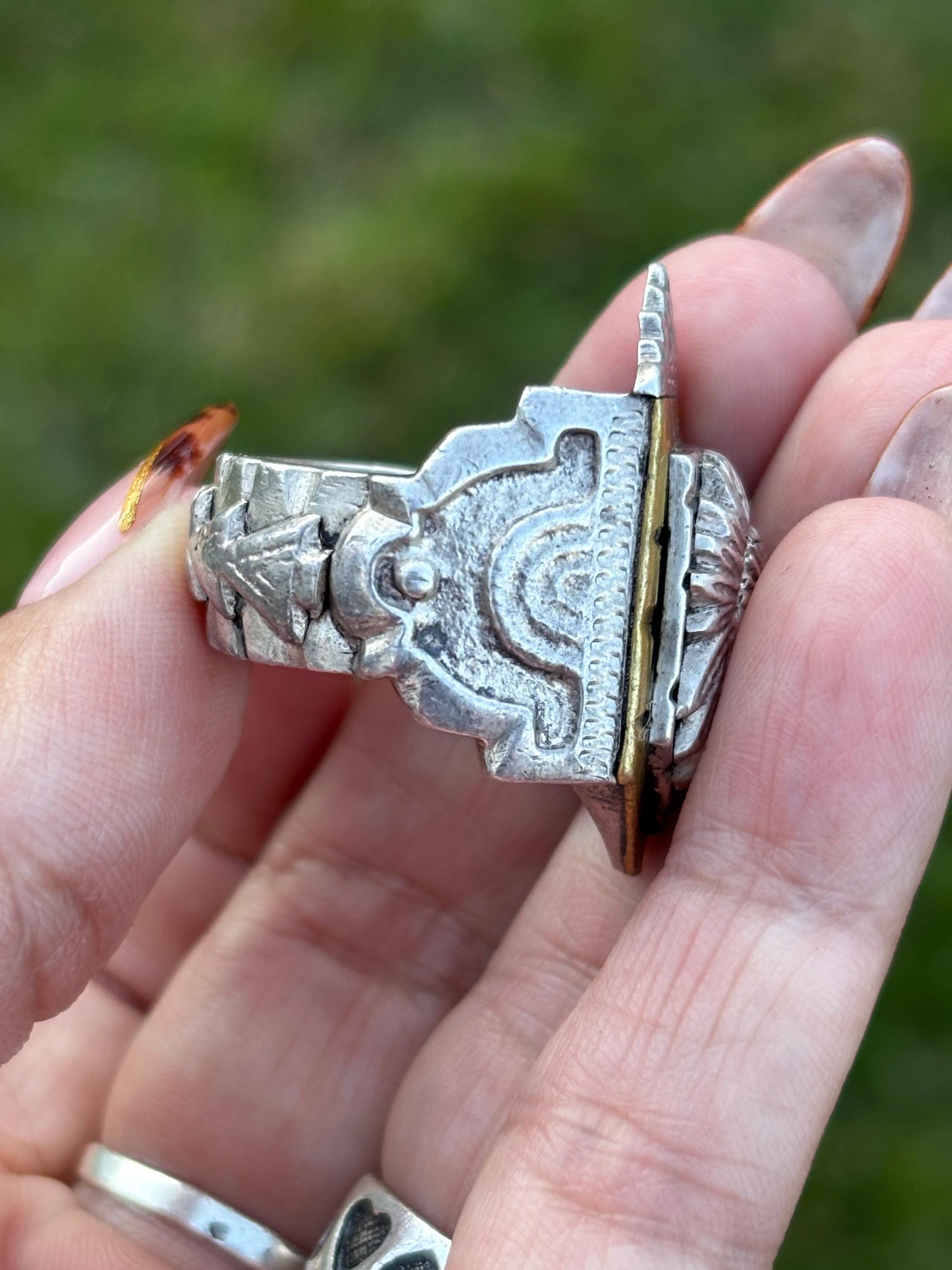 Vintage Mexican Biker Ring. Crowned Aztec Chief Ring, C. 1940s