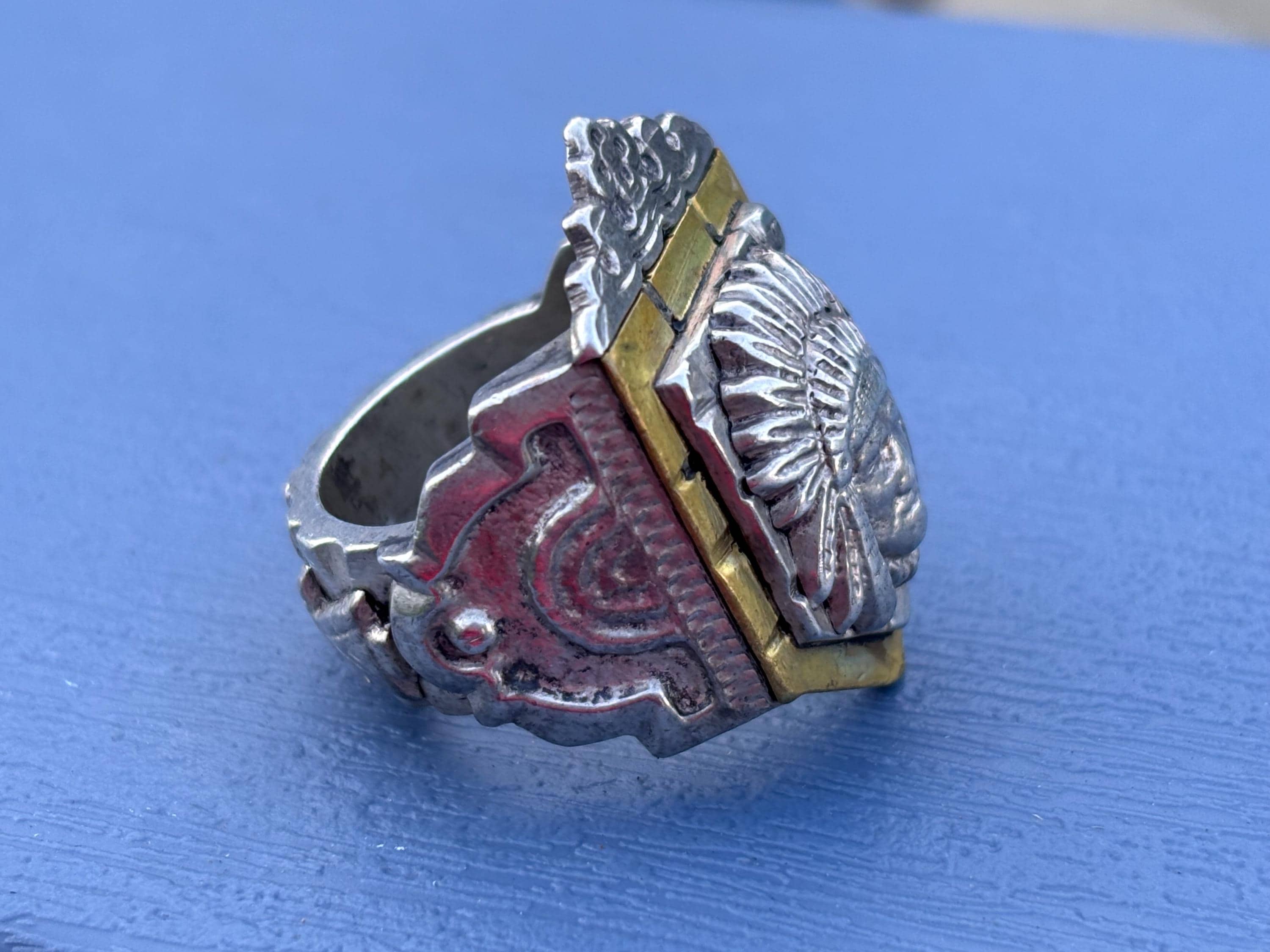 1940s メキシカンリング　インディアンチーフ　約21号 Vintage Mexican Biker Ring. Crowned Aztec Chief Ring, C. 1940s