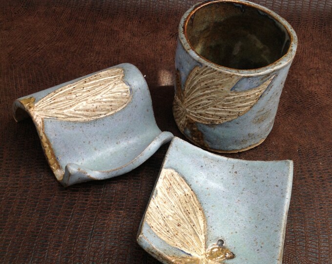 Stoneware DRAGONFLY DESK SET With Business Card Holder Pen Etsy