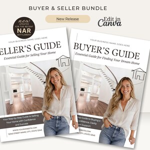 Könnte beinhalten: Ein digitales Vorlagen-Set Buyer & Seller Bundle mit zwei Leitfäden namens Seller's Guide und Buyer's Guide. Jedes Dokument enthält ein Foto einer Person, einen Haus-Hintergrund, ein Strichzeichnungs-Haus-Symbol und Textfelder für Geschäftsdaten.