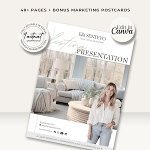 May include: A digital listing presentation template for real estate agents featuring 40+ pages and bonus marketing postcards. The cover page displays the text Ella SENTEVO YOUR LOCAL REALTOR LISTING PRESENTATION, a photo of a living room, and contact details.