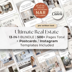 May include: A digital marketing bundle for real estate professionals featuring 13-in-1 templates, 500+ pages, postcards, and Instagram graphics. The design includes white backgrounds, black serif text, and interior photography with a neutral colour palette.