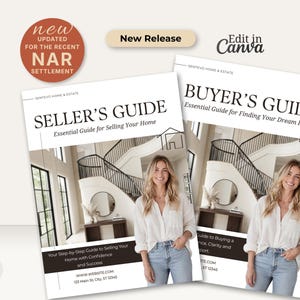 Könnte beinhalten: Zwei gedruckte Leitfäden mit den Titeln Seller's Guide und Buyer's Guide, die ein Foto einer Person in weißem Hemd und blauer Jeans in einem Foyer zeigen. Die Leitfäden enthalten Texte wie Essential Guide for Selling Your Home, Essential Guide for Finding Your Dream Home, New Release und Edit in Canva.