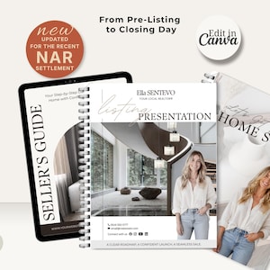 May include: A digital marketing bundle for real estate agents featuring a tablet displaying a Seller's Guide, a spiral-bound Listing Presentation booklet, and a printed guide titled Let's Get Your Home Sold, all featuring professional photography.