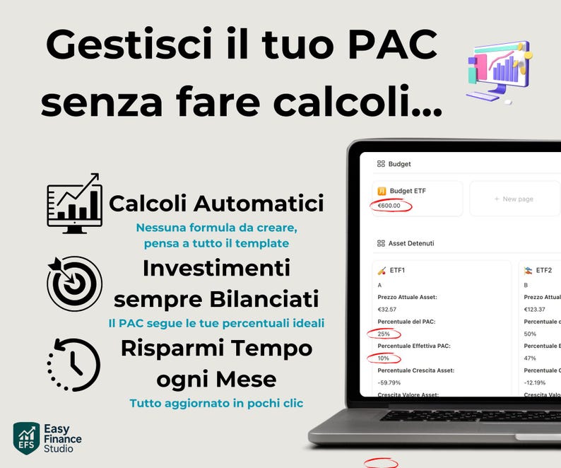 May include: A laptop displaying a financial dashboard with the text "Gestisci il tuo PAC senza fare calcoli..." and "Calcoli Automatici". The screen shows investment data, including percentages and asset values, with a logo for Easy Finance Studio.