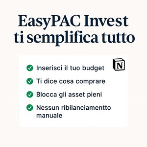 May include: White background with the text "EasyPAC Invest ti semplifica tutto" in dark blue. Below, a list with green checkmarks and text in Italian: "Inserisci il tuo budget", "Ti dice cosa comprare", "Blocca gli asset pieni", and "Nessun ribilanciamento manuale".