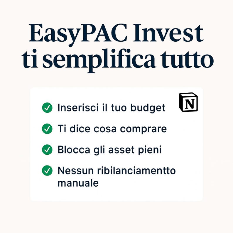 May include: White background with the text "EasyPAC Invest ti semplifica tutto" in dark blue. Below, a list with green checkmarks and text in Italian: "Inserisci il tuo budget", "Ti dice cosa comprare", "Blocca gli asset pieni", and "Nessun ribilanciamento manuale".