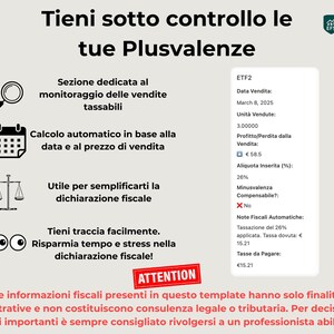 May include: An infographic with the title "Tieni sotto controllo le tue Plusvalenze" and financial data. It includes a magnifying glass, calendar, scales, and eye icons. A red "ATTENTION" banner is at the bottom.