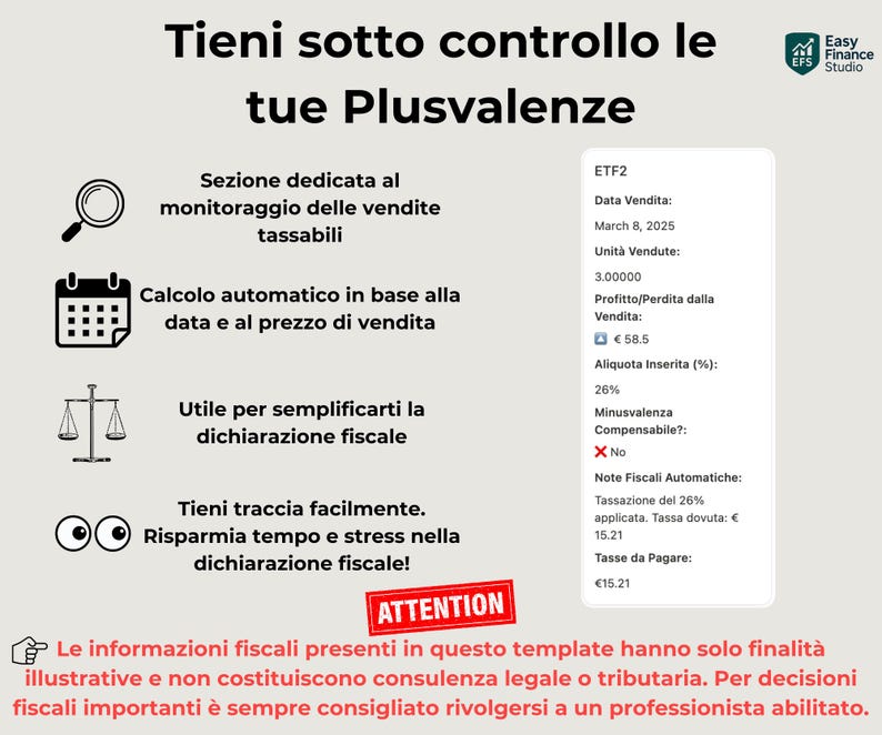 May include: An infographic with the title "Tieni sotto controllo le tue Plusvalenze" and financial data. It includes a magnifying glass, calendar, scales, and eye icons. A red "ATTENTION" banner is at the bottom.