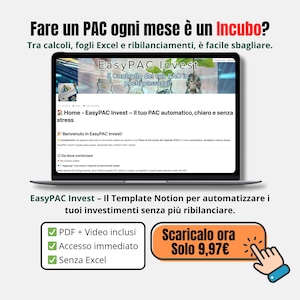 Può includere: Uno schermo di un laptop mostra il sito web EasyPAC Invest, che promuove strumenti di investimento automatizzati. Il testo include "PDF + Video inclusi" e "Accesso immediato". Un pulsante arancione invita a "Scarica ora".