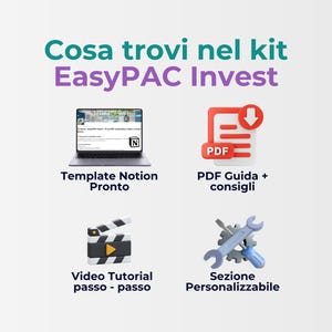 May include: An image with the text "Cosa trovi nel kit EasyPAC Invest". The image shows a laptop, a PDF icon, a film clapper, and a wrench icon. The text below the icons reads "Template Notion Pronto", "PDF Guida + consigli", "Video Tutorial passo - passo", and "Sezione Personalizzabile".