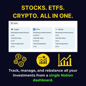 Notion DCA template dashboard showing Shares to Buy (Auto); automate dollar-cost averaging without spreadsheets or manual rebalancing.