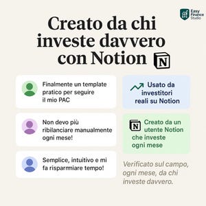 May include: A graphic with text in Italian promoting a Notion template for investors. The text includes phrases like "Created by those who really invest with Notion" and "Used by real investors on Notion."