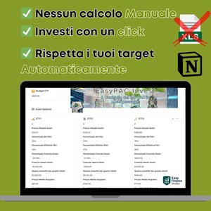 May include: A laptop screen displays financial data with the text "EasyPAC Invest." The screen shows investment details, including asset values, percentages, and growth rates. Green checkmarks and Italian text are visible above the screen.