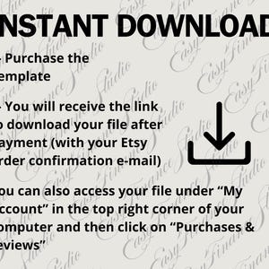 May include: Image with the text "INSTANT DOWNLOAD" and instructions on how to download a file after purchase. Includes a black download icon and the text "Easy Finance Studio" in the background.