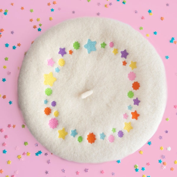 Star Candy and Konpeito Beret Rainbow - Kawaii White Beret with sprinkles Harajuku Japanese Candy