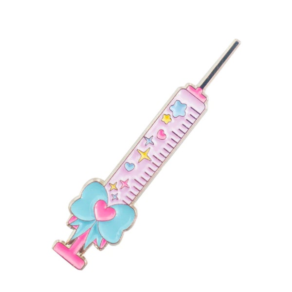 Yami Kawaii Syringe Enamel Pin - harajuku decora pink pastel goth sick girl medical nurse stars hearts