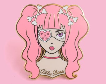 Yami Kawaii Glitter Bones Eye Patch Anime Girl Pin - harajuku decora pink pastel goth sick girl cross bones stars hearts