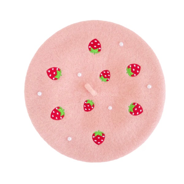 Béret fraise joli chapeau brodé fraises kawaii chapeau rose pastel gothique Harajuku mode Larme