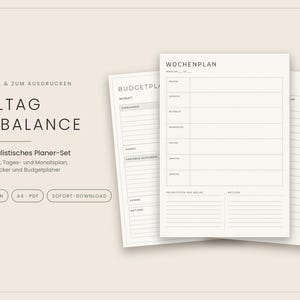 Könnte beinhalten: Ein digitales Planer-Set mit den Texten ALLTAG IN BALANCE, WOCHENPLAN und BUDGETPLAN. Die Seiten enthalten strukturierte Layouts für Wochenpläne, Finanzübersichten und Notizen in einem klaren, schwarz-weißen Design auf hellem Hintergrund.