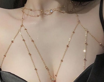 Collar de cadena corporal en capas, joyería de oro para la clavícula, accesorio para bikini de festival