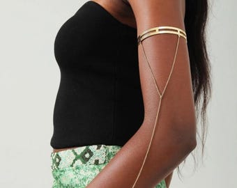 Minimalist Gold Arm Cuff with Chain Decor