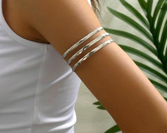 Hammered Silver Arm Cuff Bracelet: Minimalist Adjustable Bangle