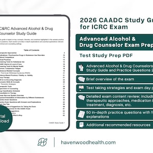 May include: A digital study guide for the 2026 CAADC exam, with a focus on alcohol and drug counseling. The guide includes exam prep, practice questions, and content review. The image shows a tablet with the guide's table of contents and a list of study topics.