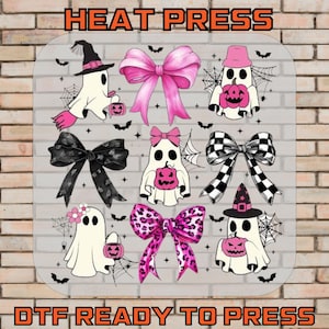 Spooky Ghosts With Coquette Bows Ready To Press, Halloween DTF Transfer, Cute Scary Shirt Gift For Her, Iron On Transfer Halloween DTF Print