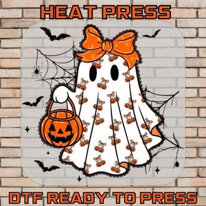 Cute Ghost Halloween Ready To Press, Bow Ghost DTF Transfer, Pumpkin Ghost Shirt, Spooky Lace Iron On, Heat Press, DTF Print,T-Shirt For DTF