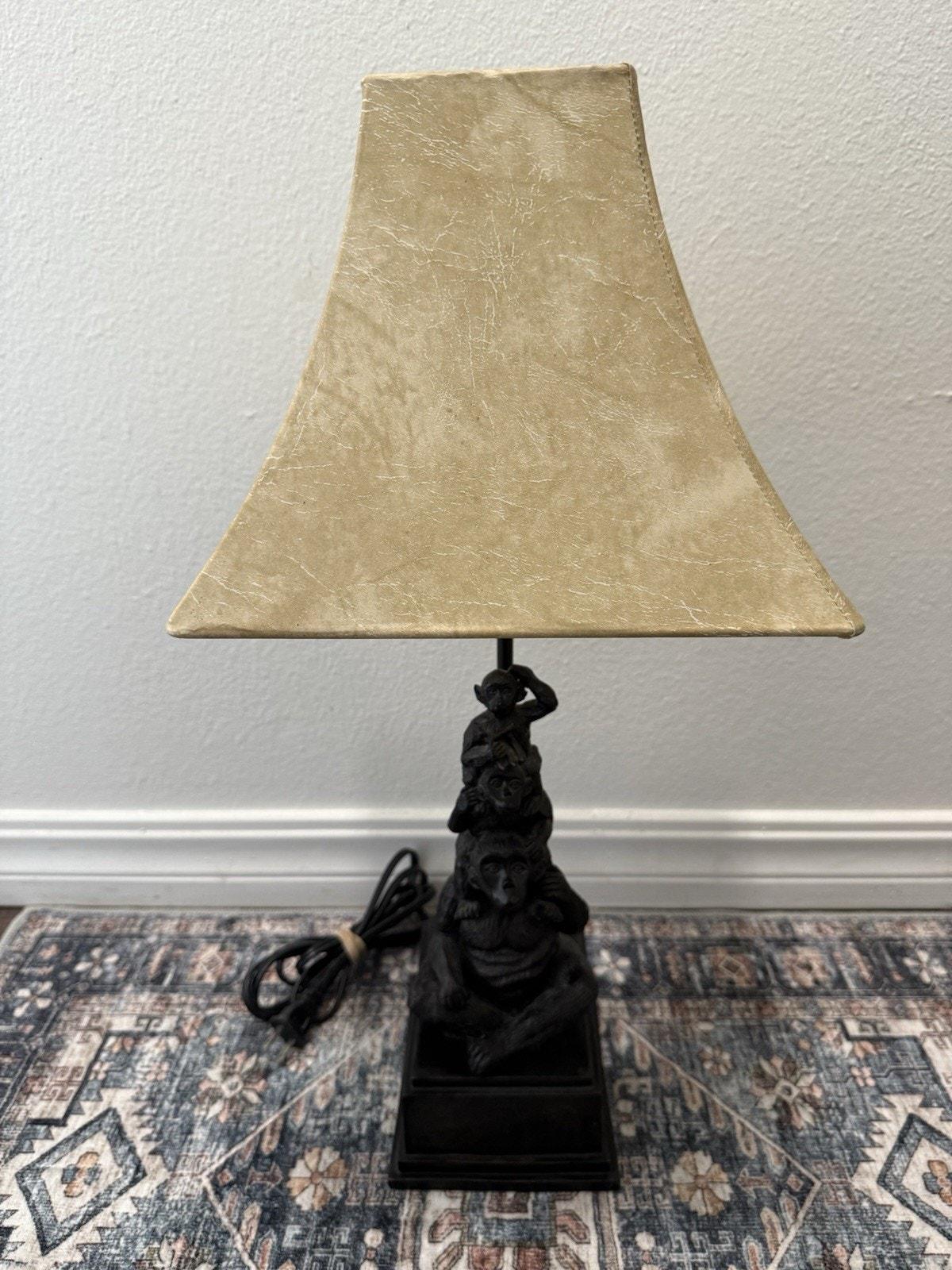 Night Stand Lamp Stacked 3 Monkey Mom/Babies Resin Rare W/ Faux Leather Shade