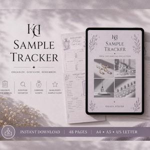 May include: A digital perfume sample tracker planner featuring the text Sample Tracker, Organize, Discover, Remember, and Kalaya Atelier. The layout includes icons for organizing samples, discovering favorites, comparing scents, and tracking counts.