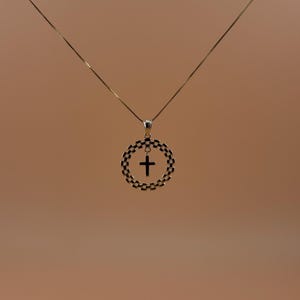 14k Gold Cross Pendant with Round Link Frame l Gold Religious Necklace Charm l Minimalist Christian Jewelry Gift for Men & Women