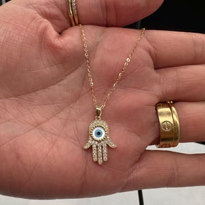 14k Gold Evil Eye Hamsa Necklace: CZ Protection Pendant, Adjustable Chain