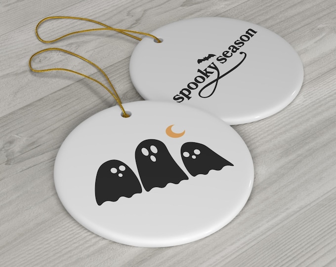Halloween Ceramic Ornament: Ghost & Bat Spooky Season Decor