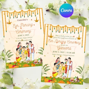 Bewerkbare oor piercing ceremonie uitnodiging hindoe baby ceremonie kaart digitale canva sjabloon traditionele religieuze uitnodiging