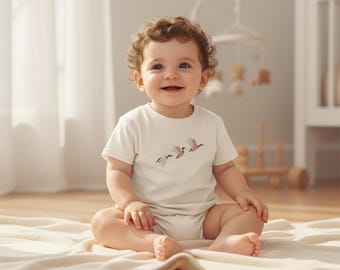 Camiseta bordada personalizada para bebé, camiseta de pato volador, manga corta para niño, mono de burbujas de patos reales