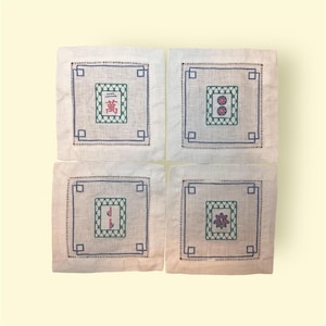 Mahjong Embroidered Linen Cocktail Napkins (Set of 4) | Southern, Hostess Gift, Mahjong Party Decor
