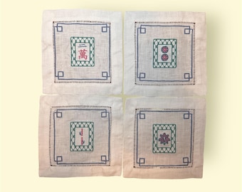 Mahjong Embroidered Linen Cocktail Napkins (Set of 4) | Southern, Hostess Gift, Mahjong Party Decor