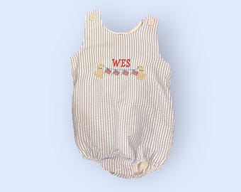 Gepersonaliseerde seersucker-romper voor babyjongen, patriottische babybubbel met monogram, outfit voor 4 juli